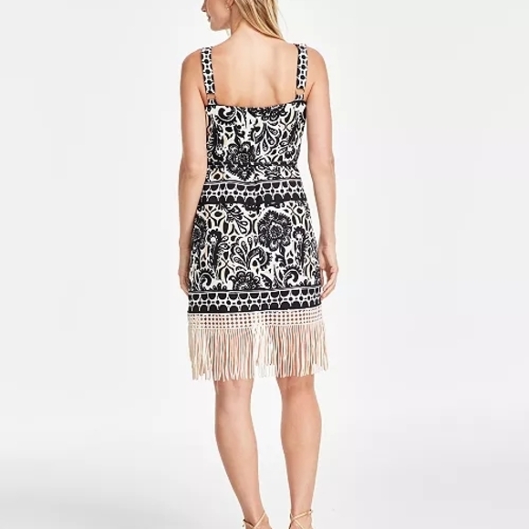 Tahari ASL Black and White Floral Mini Dress With Fringe - Picture 6 of 6